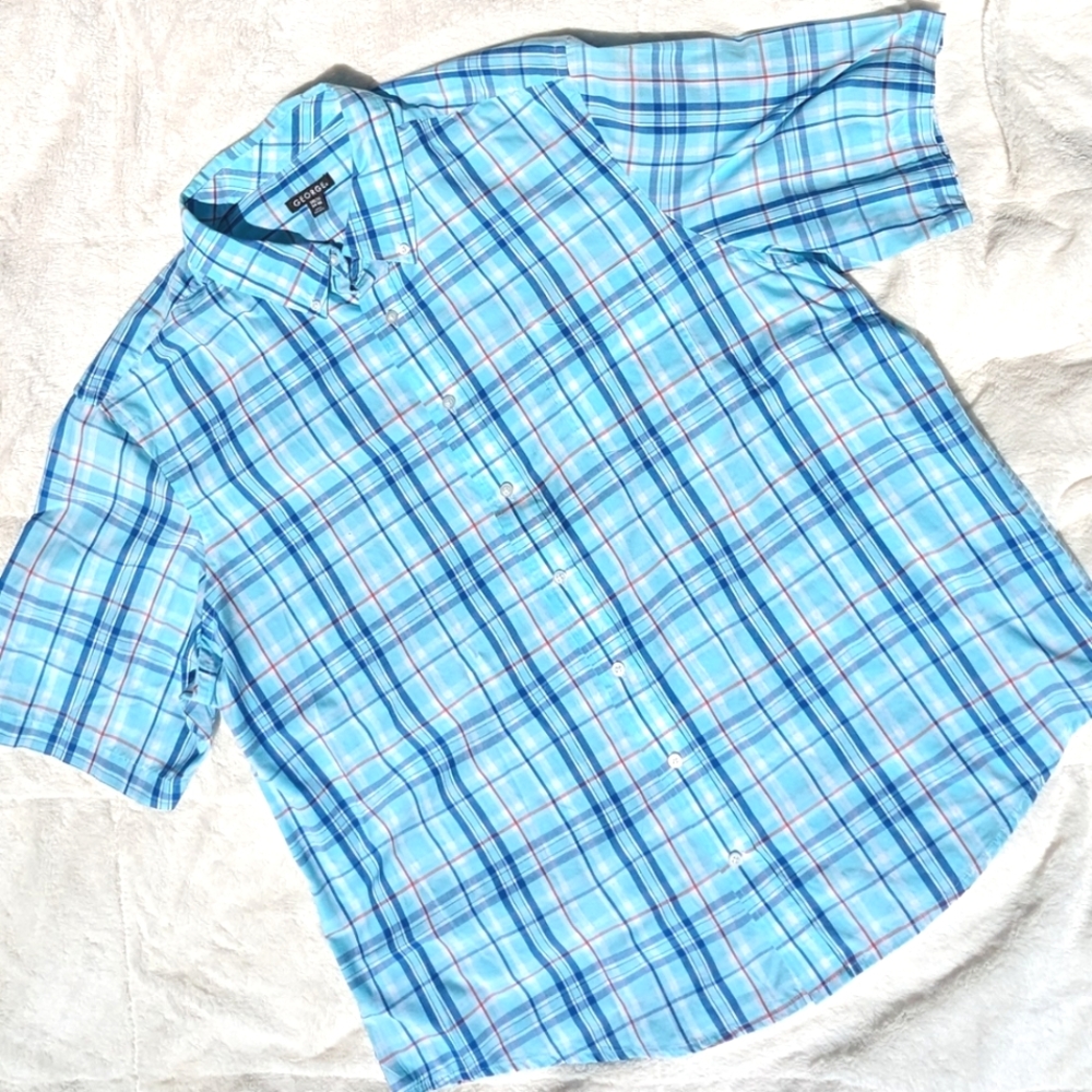George Big Guys 3X Short Sleeve Button Down Plaid Collared Shirt Blue White Red